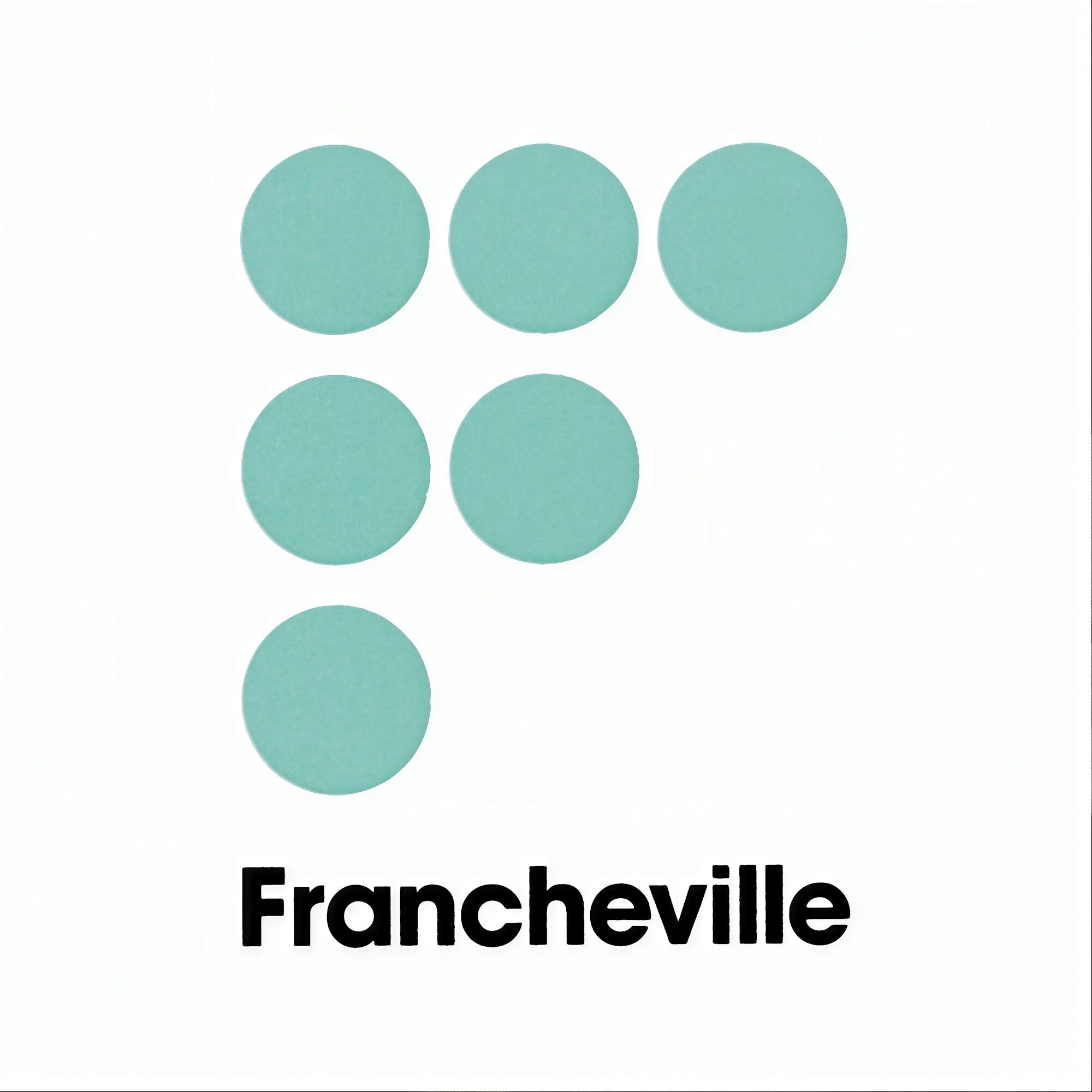 A minimalist graphic featuring seven mint green circles arranged in a pattern above the word 'Francheville' in black bold text on a solid white background.