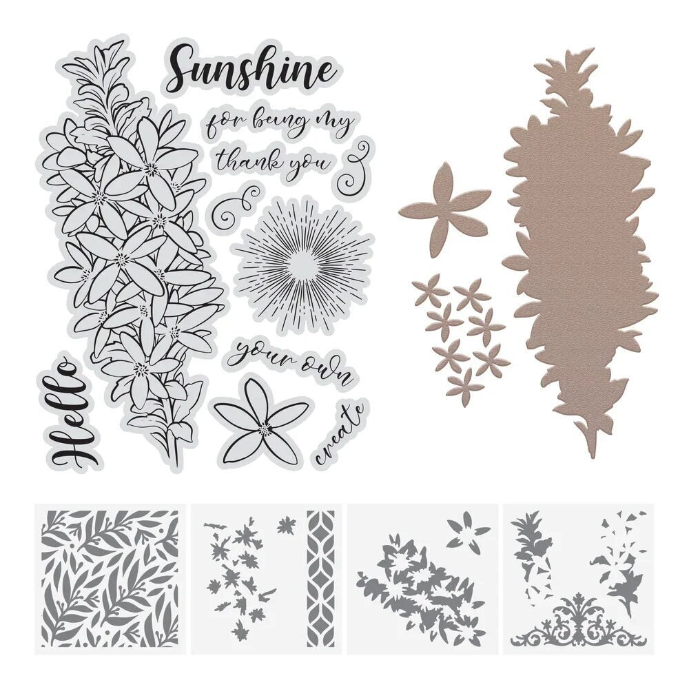 Couture Creations - Box Leaf Wax Fowers Flourish & Thrive Stencil Stamp & Die