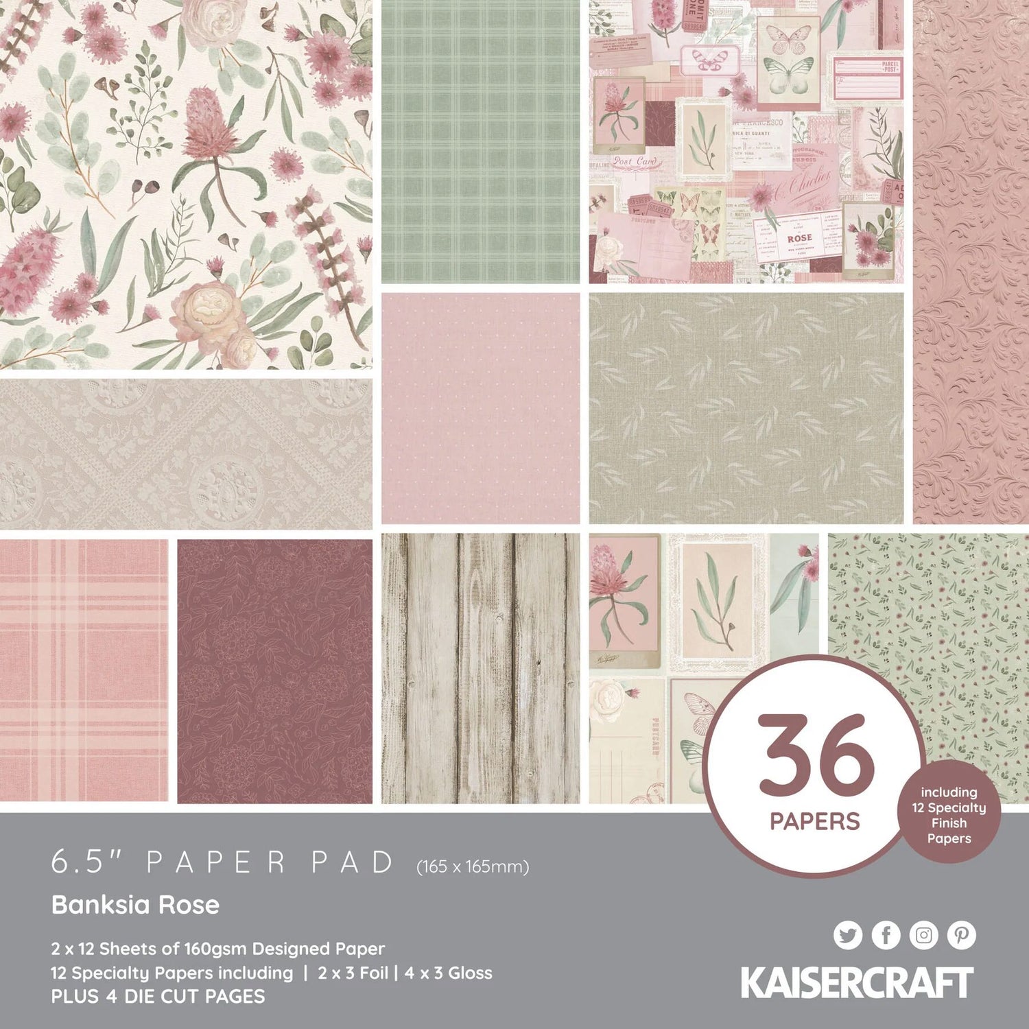 Kaisercraft Banksia Rose - 6.5x6.5" Paper Pad (36 papers)