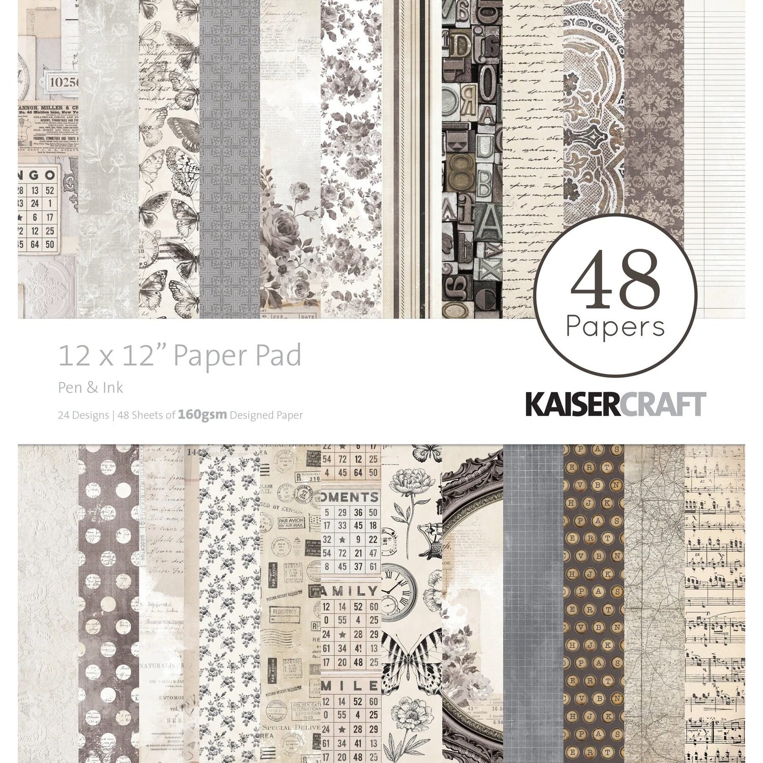 Kaisercraft 12x12" Paper Pad - Pen & Ink (48 papers)