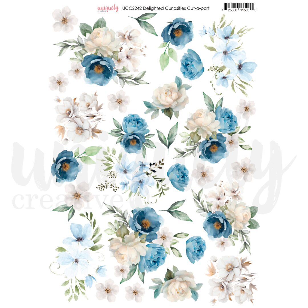 A page of watercolour floral images featuring blue and white flowers with green leaves, displayed on a white background.