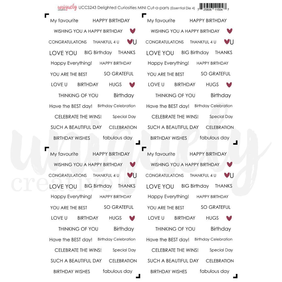 A printed sheet of birthday messages for  cards. They are arranged in a grid, and can be hand cut, or die-cut with the Uniquely Creative Essential Die 