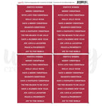 A sheet of red & white Christmas sentiments featuring repeated festive phrases such as 'Merry Christmas,' 'With Love This Christmas,' 'Holly Jolly Hugs,' and 'Season's Greetings', shown on a white background.