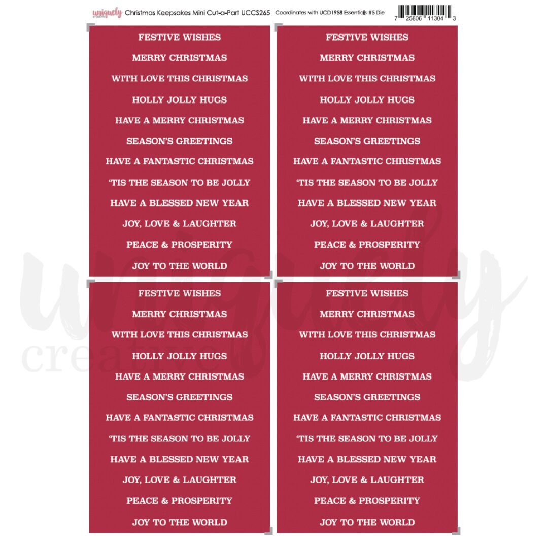 A sheet of red & white Christmas sentiments featuring repeated festive phrases such as 'Merry Christmas,' 'With Love This Christmas,' 'Holly Jolly Hugs,' and 'Season's Greetings', shown on a white background.