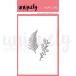 Uniquely Creative metal dies featuring a fern leaf and a small flowering branch, presented on a white card with a pink header.