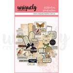 A pack of vintage-style ephemera paper elements from Uniquely Creative, featuring distressed labels, bird illustrations, butterflies, numbers, and decorative text elements on a pink and white card backing.