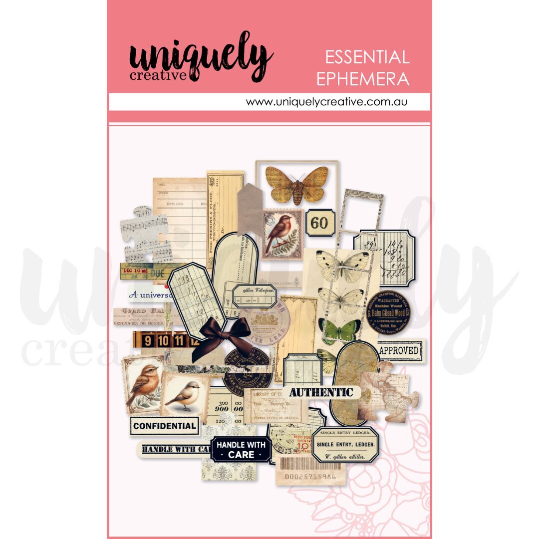 A pack of vintage-style ephemera paper elements from Uniquely Creative, featuring distressed labels, bird illustrations, butterflies, numbers, and decorative text elements on a pink and white card backing.
