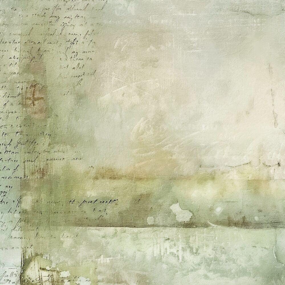 A textured abstract art print featuring a vintage, distressed aesthetic with layers of faded script, cursive writing, and soft washes of cream, beige, and muted sage green.