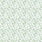 A repeating watercolor-style botanical pattern with soft green leaves and stems on a white background.