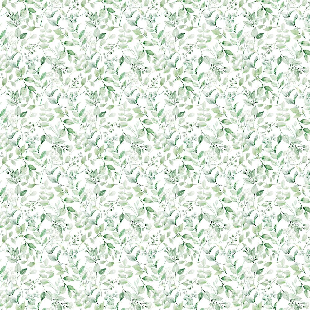 A repeating watercolor-style botanical pattern with soft green leaves and stems on a white background.