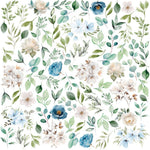 Watercolor floral pattern featuring blue and white flowers with green and light blue leaves on a white background.