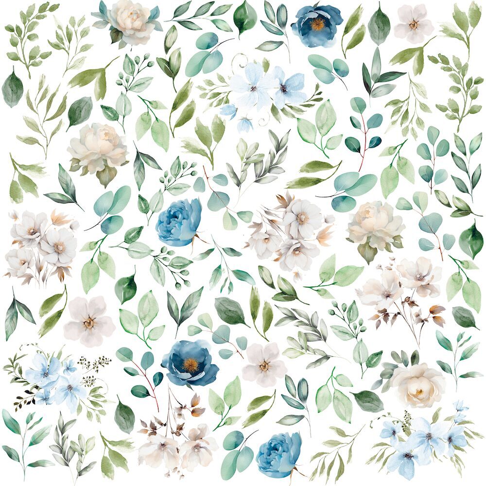 Watercolor floral pattern featuring blue and white flowers with green and light blue leaves on a white background.