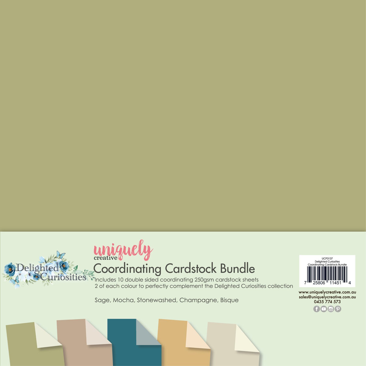 Delighted Curiosities Uniquely Creative Coordinating Cardstock Bundle packaging, featuring a sage green color sample at the top and a bottom panel showing the included cardstock colors: Sage, Mocha, Stonewashed, Champagne, and Bisque.