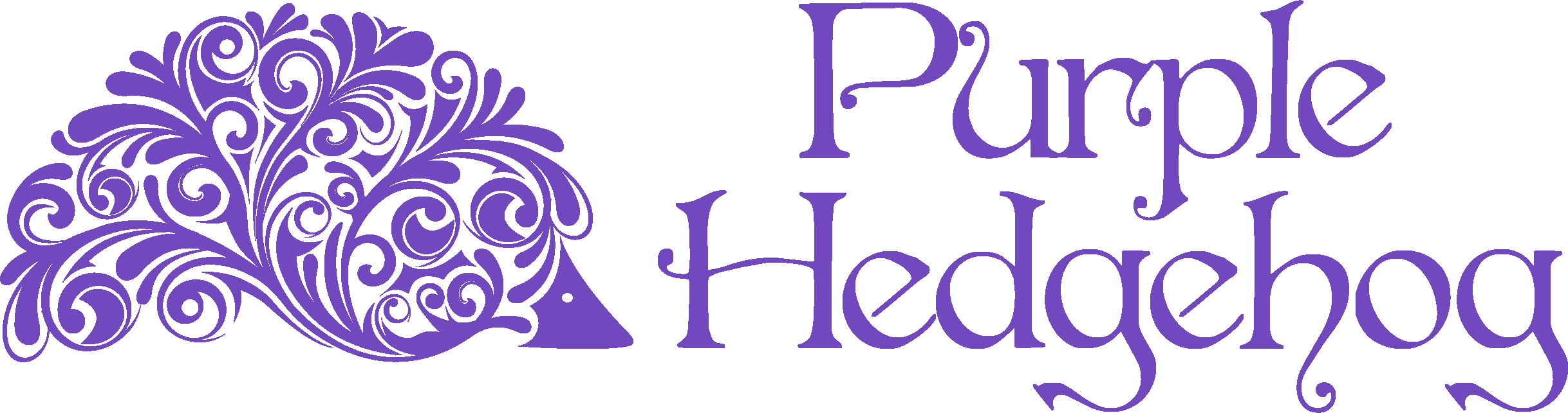 A purple ornate hedgehog silhouette and the words 'Purple Hedgehog' in stylised purple lettering.